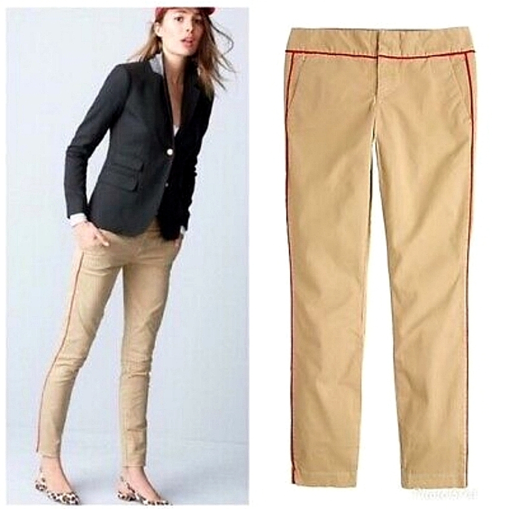 J. Crew Andie Khaki Chino Pants Cotton Tan with Red Piping Trim Size 2